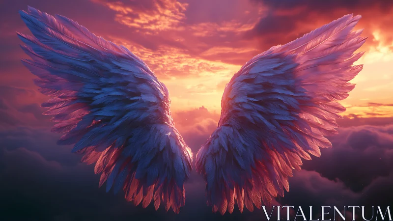 Symmetrical feathered wings against clouded sunset sky.