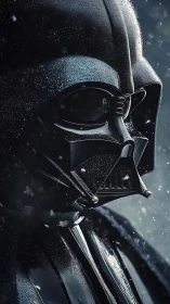 Black sci fi armored helmet in close side profile view.