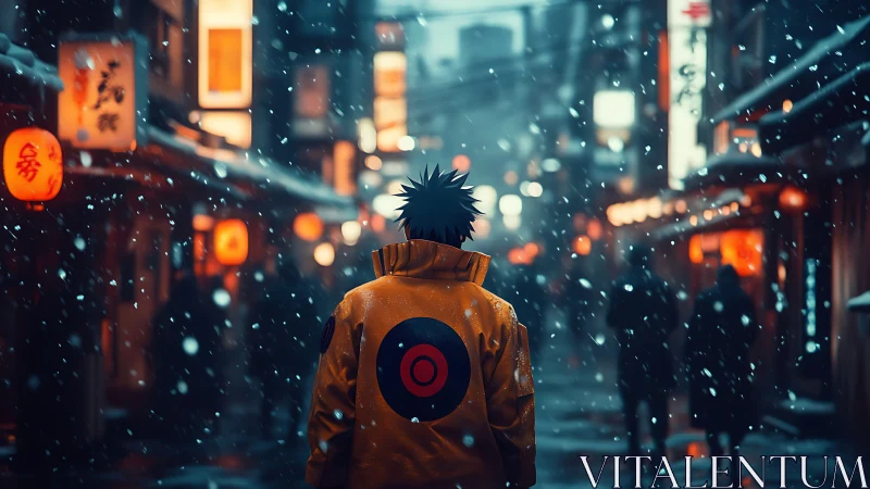 Lone anime wanderer crosses neon alley under winter snow.
