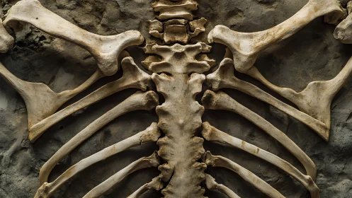 Vertebral column and rib cage bones mounted on stone wall.