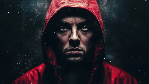 Storm-lit gaze in a red hood, framed by drifting night dust.