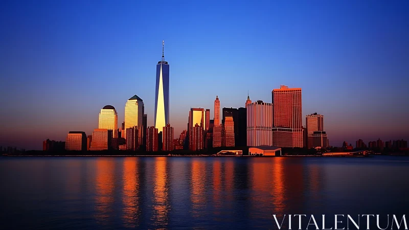 Sunlit high-rise waterfront skyline under gradient twilight sky.