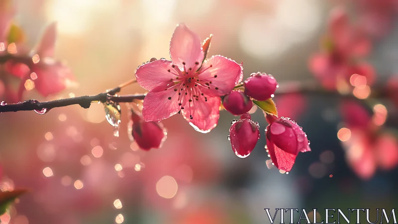 Pink peach blossoms adorned with morning dew droplets on dark branch.