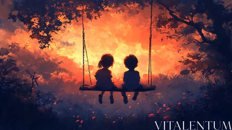 Twilight swing hearts glow against a painted ember sky.