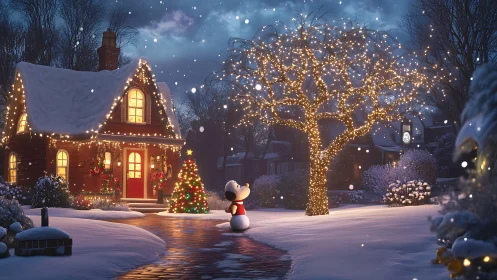 Snow-covered cottage with lights and snowman at night.