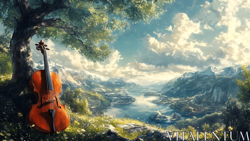 Cello positioned under tree beside expansive mountain lake.