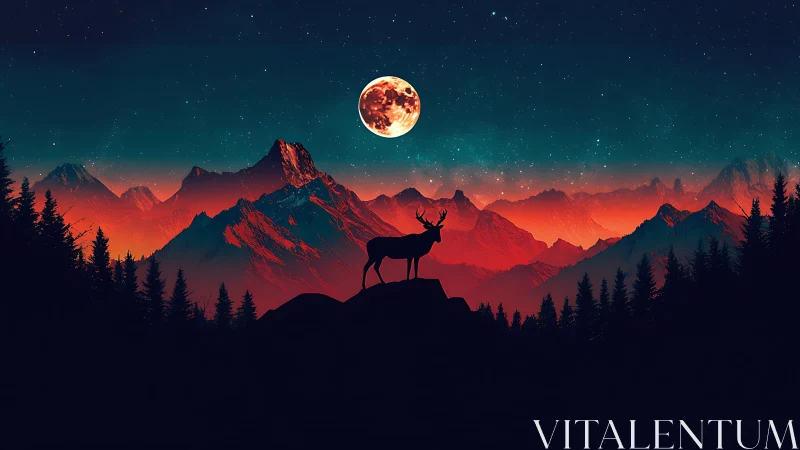 Silhouetted stag against glowing red mountains at night.