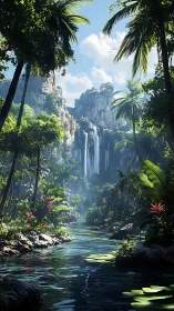 Sunlit jungle waterfall invites quiet riverside wandering