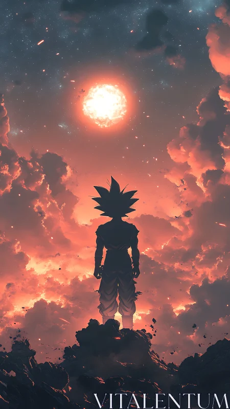 Silhouetted warrior studies stellar vortex above eruptive clouds