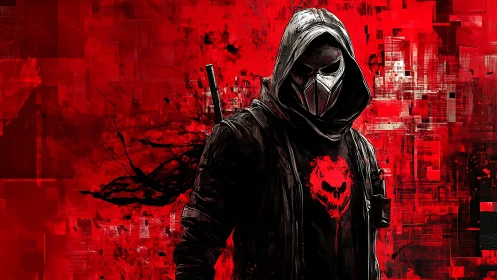 Masked vigilante in crimson chaos with a haunting heart emblem.