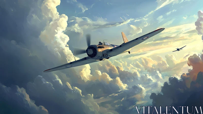 World War II fighter planes cutting through dramatic sky.