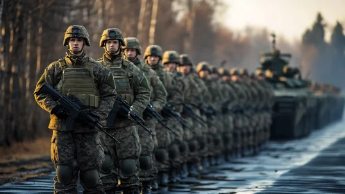 Soldiers stand in armored column during cold dawn drill