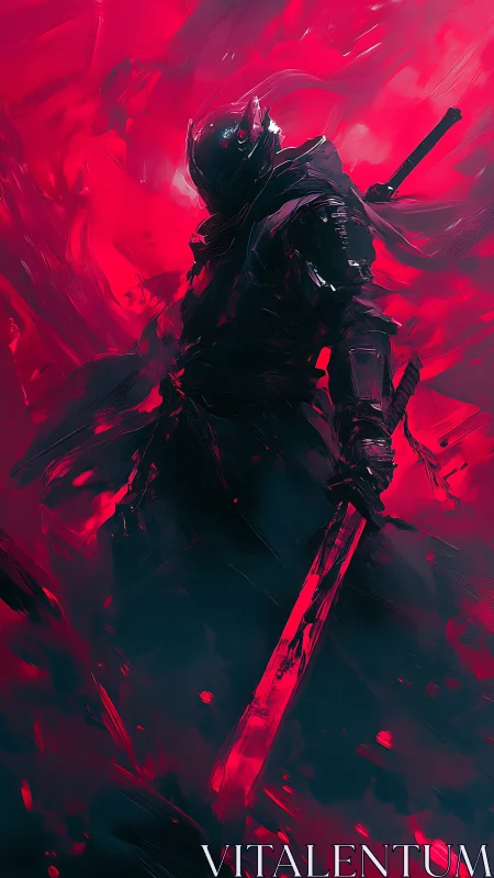 Crimson night warrior paused within swirling neon storms.