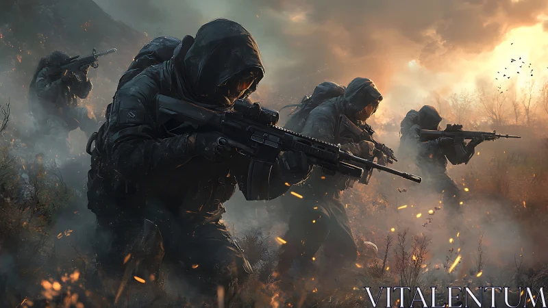 Hooded tactical squad advances through smoke at burning dawn