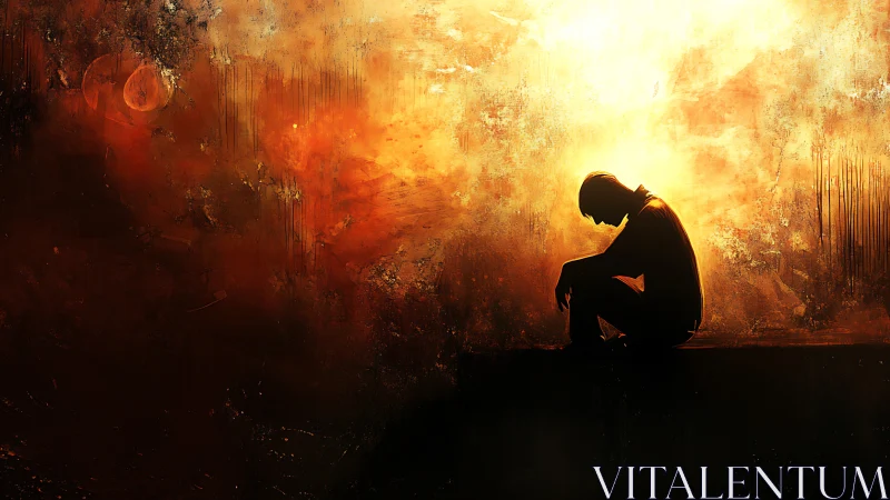 Silhouetted figure kneels in blazing abstract sunset glow