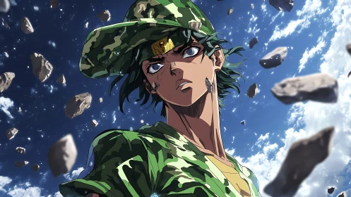 Determined anime hero stands strong amid drifting asteroids