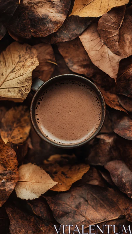 Top view shows cup of cocoa centered among dry leaves
