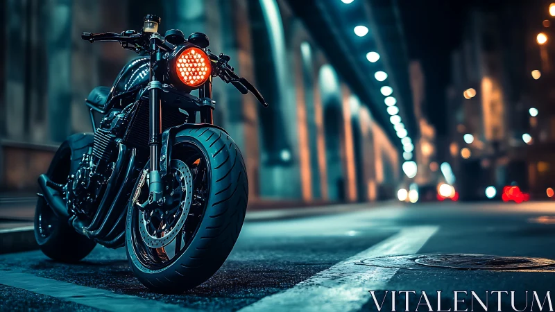 Midnight street racer idles under neon-soaked city arches.