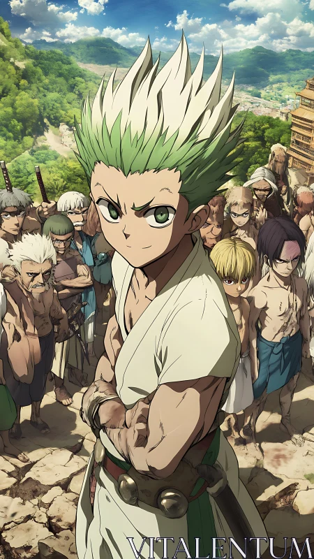 Confident anime leader stands before rugged tribe in mountain valley