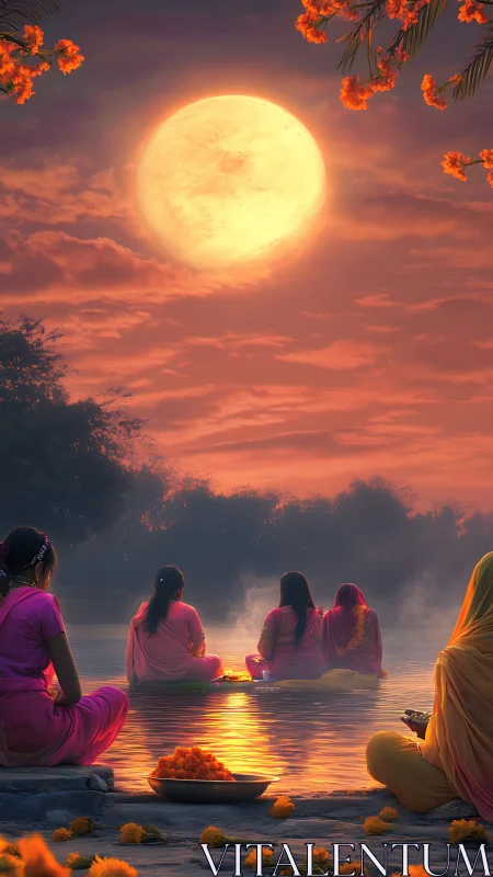 Moonlit riverside prayers wrapped in saffron and soft mist.