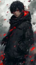 Ember-eyed wanderer stands calm amid drifting crimson sparks