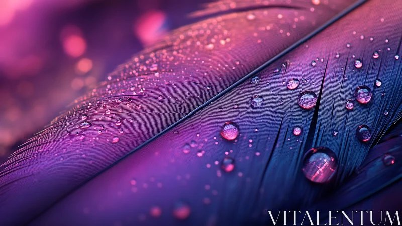 Feathers hold water droplets under vivid magenta lighting