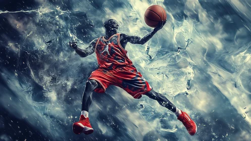 Basketball player drives through swirling icy vortex