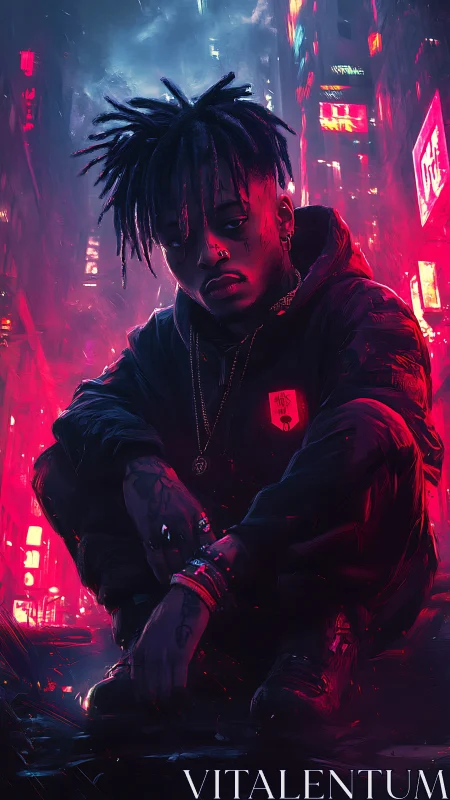 Neon drenched urban portrait of hooded youth in cyber alley