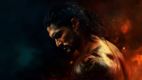 Warrior portrait isolates muscular figure against infernal bokeh lighting