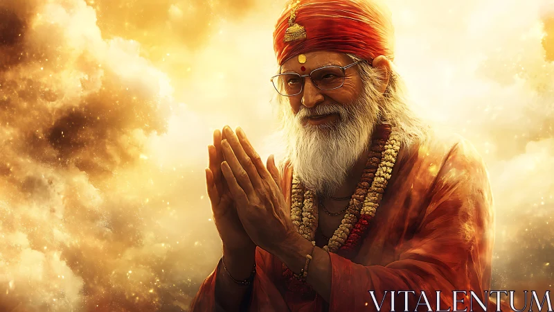 Radiant elderly guru in saffron robes with folded hands in clouds