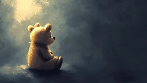 Stuffed teddy bear sits alone in soft directional light