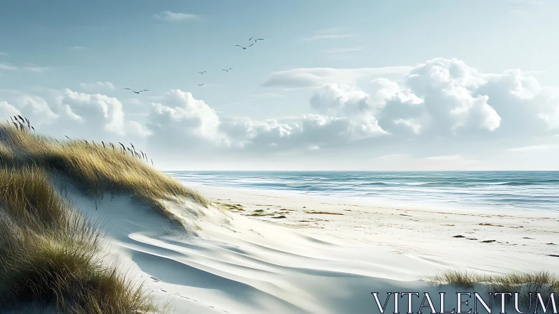 Whispering dune grasses cradle a tranquil, cloudlit shoreline.