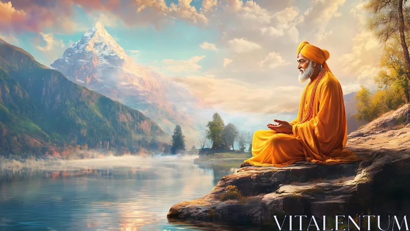 Meditating sage rests by serene mountain lake at sunrise.