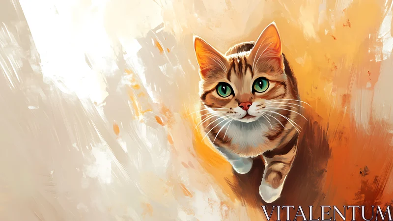 Tabby Cat Portrait with Luminous Emerald Eyes in Warm Ambient Light