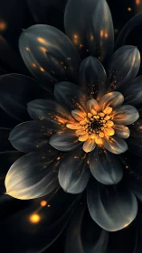 Glowing midnight blossom unfolding in soft golden light.