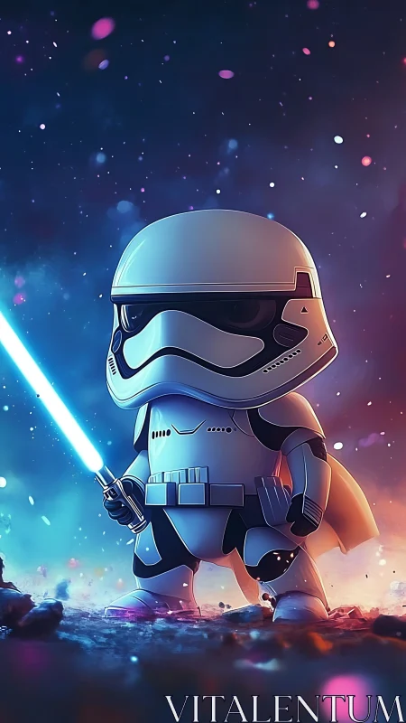 Cute space trooper hero glowing with a bright blue saber.