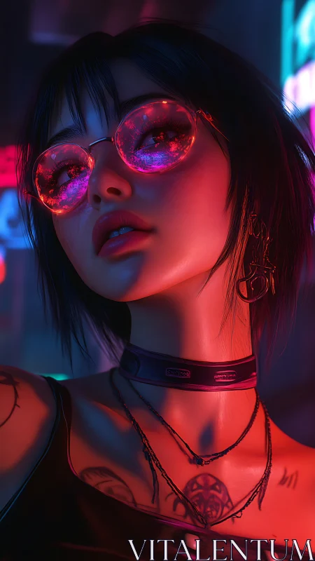 Neon-lit cyberpunk girl with reflective pink glasses.