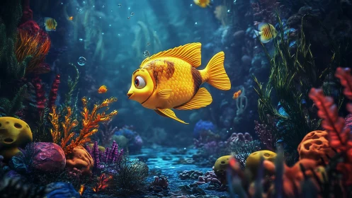Golden daydream fish exploring a cozy coral kingdom.
