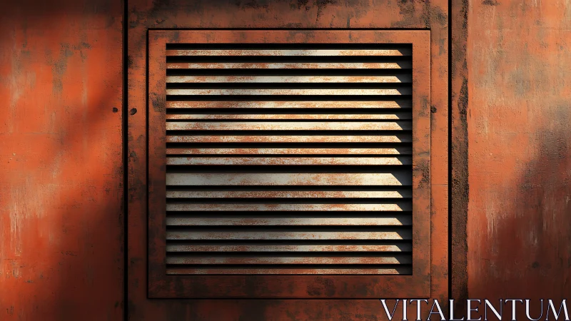 Corroded steel ventilation grille in raking industrial sunlight.