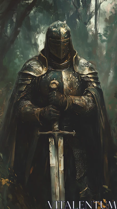Armored forest knight with greatsword in moody chiaroscuro.
