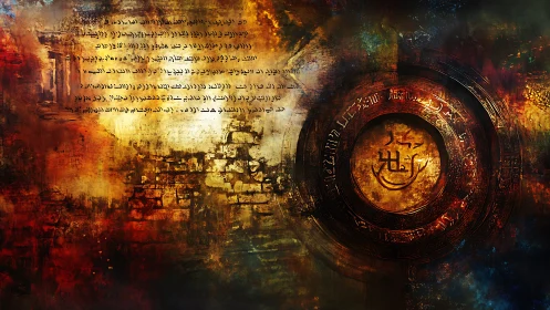 Textured ancient script with circular sigil and fiery patina
