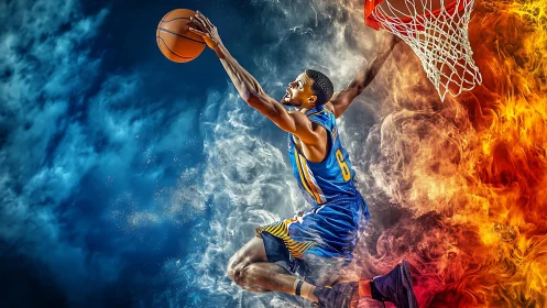 Basketball player dunking amid blue smoke and orange fire.