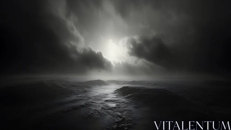 Backlit stormfront over low ocean swells with high contrast volumetrics