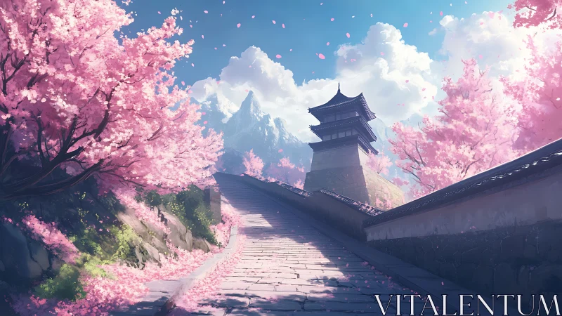 Stepped stone pathway leads toward pagoda amid pink trees