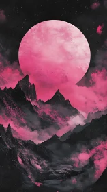 Crimson moonrise over vaporous midnight mountain corridors.