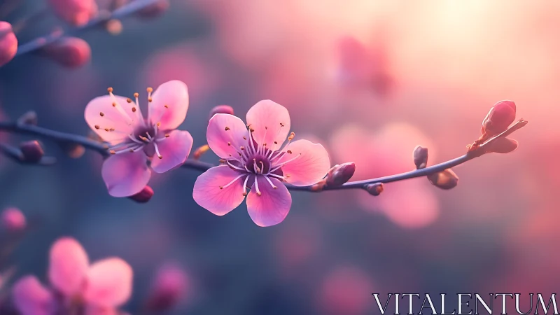Pink blossoms on branch with shallow depth of field.