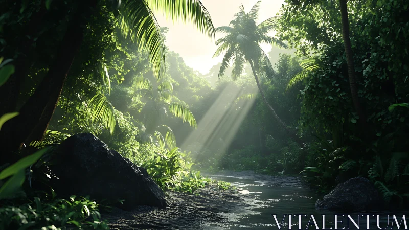 Volumetric sunrise beams traversing dense tropical riverbank.