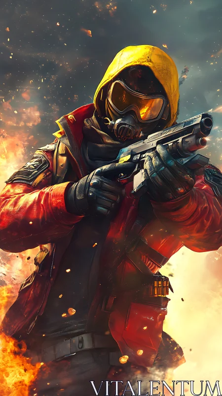 Futuristic masked hero holding a pistol amid swirling fire.