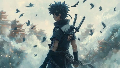 Lone anime swordsman surveys misty temples and circling crows