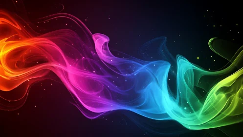 Multicolored light trails curve across dark gradient background